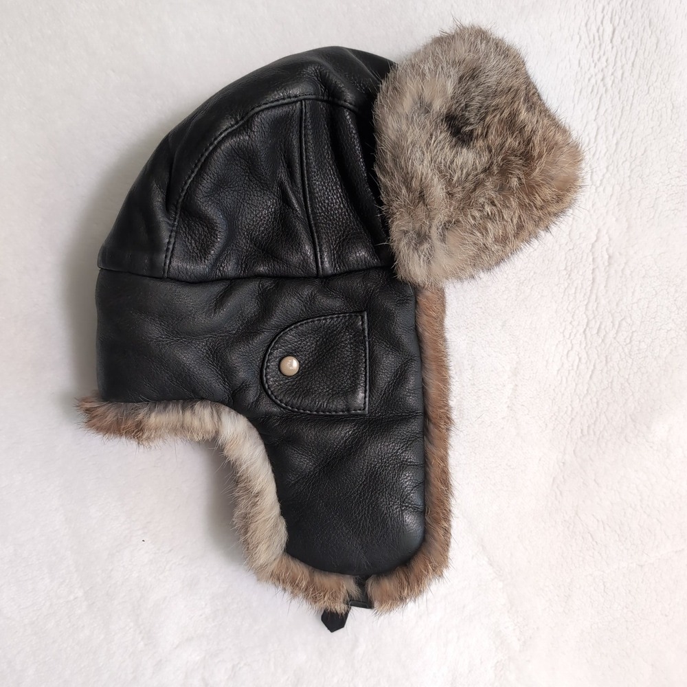 Mad Bomber Trapper Hat Small Black Leather Natural Rabbit Fur Aviator Ear Flaps